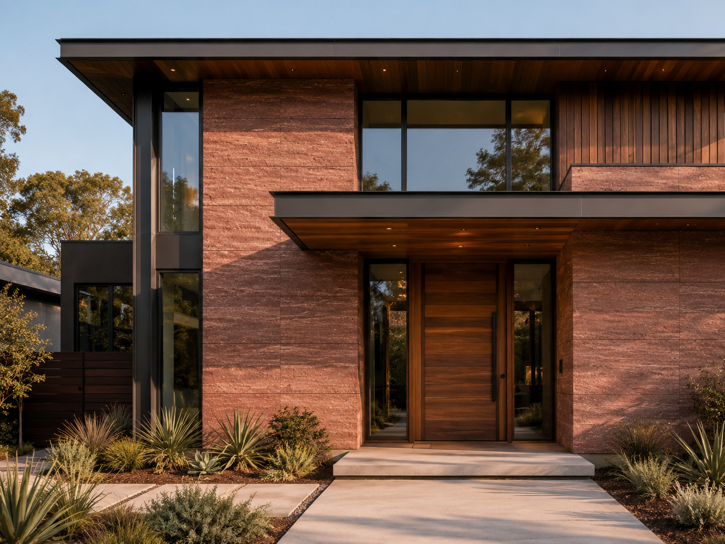 Fachada residencial con revestimiento de piedra Evolven al atardecer